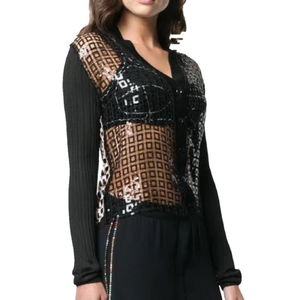 Marco De Vincenzo Sheer Sequined Long Sleeve Black Cardigan Sweater Size 6